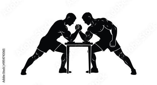 Silhouette of two muscular men arm wrestling on a table with a plain white background.