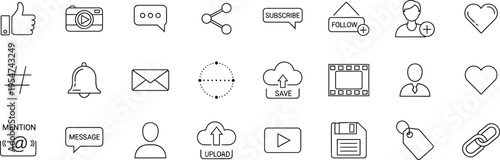 Social Media Line Icon Set with Like, Share, Message and Upload Symbols