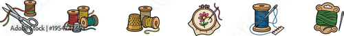 Vector icon set of sewing and embroidery supplies including scissors, thimbles, and thread spools.