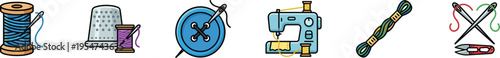 Vector icon set of sewing and tailoring equipment including a sewing machine, buttons, and embroidery thread.