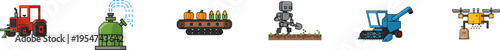 Vector icon set of smart farming machinery, agricultural robots, and automated food production.