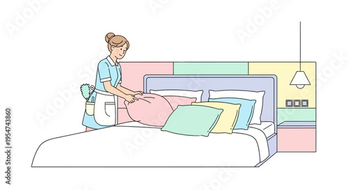 Woman making hotel bed with pillows.