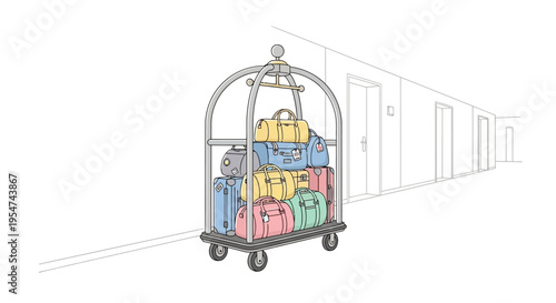 Luggage cart with colorful suitcases.
