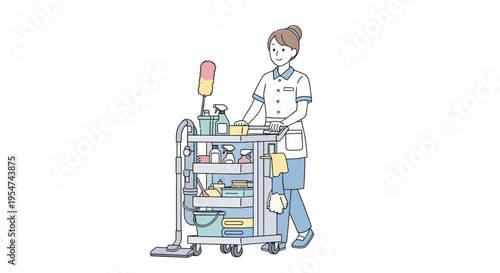 Man pushing cleaning cart with supplies.