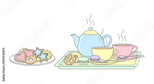 Colorful tea set with sweet treats.