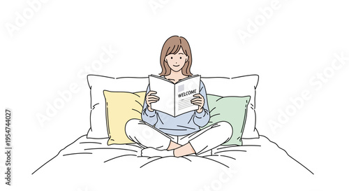 Woman Sitting on Bed Reading Book.