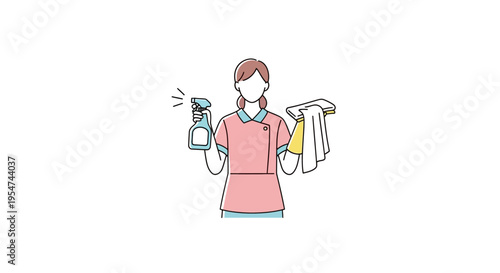 Woman wearing pink uniform holding cleaning supplies.