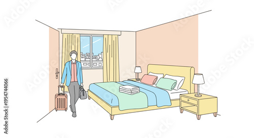 Man Enters Hotel Room with Luggage.