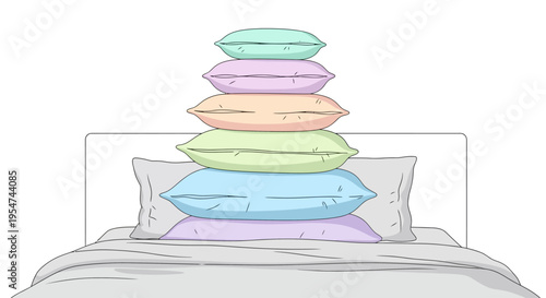 Stack of colorful pillows on bed.