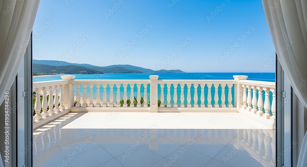 Fototapeta premium Luxury hotel balcony overlooking the turquoise sea and tropical beach