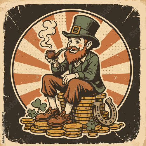 Vintage Leprechaun Smoking Pipe Sitting on Gold Coins with Horseshoe and Clovers.