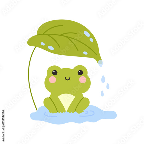 Kawaii frog sitting under leaf with water drops. Rainy day. Cartoon character smiling in puddle on simple background. Nature rain concept for children design, print, sticker, poster