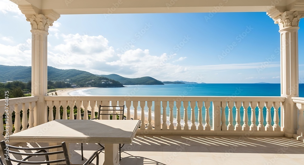 Obraz premium Luxury balcony terrace overlooking a beautiful tropical beach and blue ocean