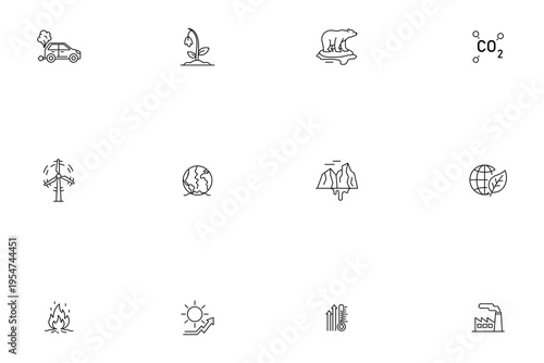 Climate change and global warming environmental line icon set featuring pollution and ecological impact symbols