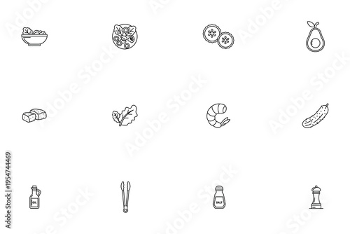Salad making and healthy food preparation line icon set featuring vegetables, kitchen tools, and ingredients