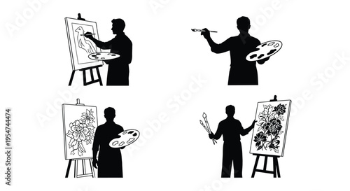 Silhouette illustrations of artists painting on easels with various techniques and tools