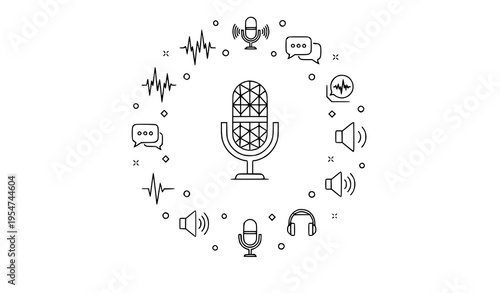 Audio and voice communication line icon set with microphone sound wave and speech elements vector illustration