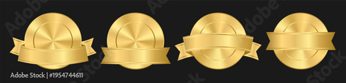 Four realistic round gold medal template, mockup with award golden ribbon for warranty badge, guarantee, certification icon, emblem, quality assurance seal isolated on black background. Vector EPS10