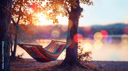 Hammock relaxation at sunset by tranquil lakeside with warm golden glow