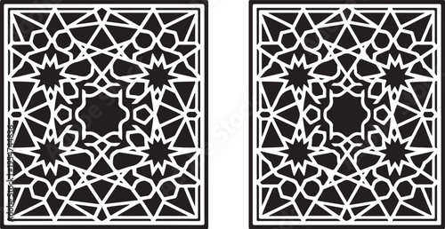 Two identical black and white geometric patterns side by side with intricate designs and borders
