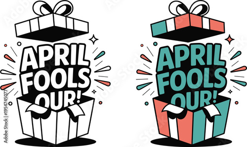 April fools day surprise gift box vector, holiday prank concept with pop out text and confetti