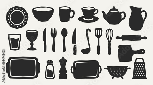 Kitchen cooking silhouette collection. Black icons set - bowl, mug, teapot, pitcher, glass, fork, knife, spatula, whisk, rolling pin, cutting board. Vector linocut style minimalist design elements.