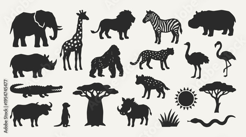 Safari animals silhouette collection. Black icons set - elephant, giraffe, lion, zebra, hippo, gorilla, leopard, flamingo, hyena, buffalo, snake. Vector linocut style minimalist design elements.