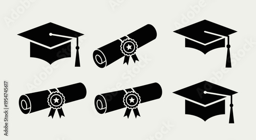 Graduation Icon Set featuring Mortarboard Caps and Rolled Diploma Silhouettes for Education, Academic Achievement, and Commencement Ceremony Graphics