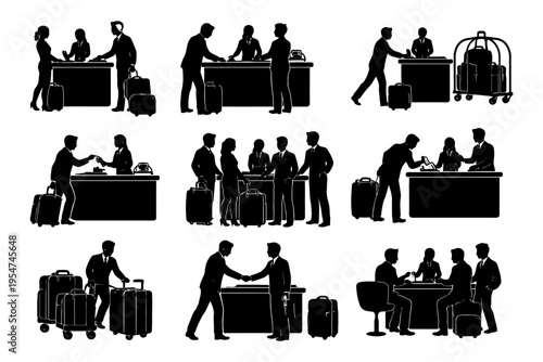 Silhouette illustrations of hotel staff interacting with guests.