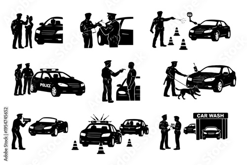 Police car stop and search activities silhouettes with officers and equipment.