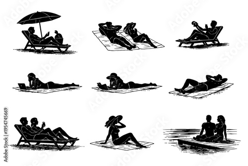 Silhouette relaxation: people enjoying beach lounging in various poses.