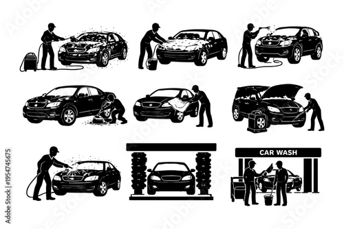 Car wash process illustration: detailing, cleaning, and maintenance steps.