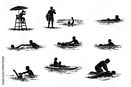 Silhouette lifeguard and swimming rescue scenes in water.