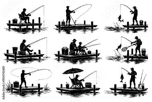 Silhouette fishing scenes: diverse anglers on docks and piers.