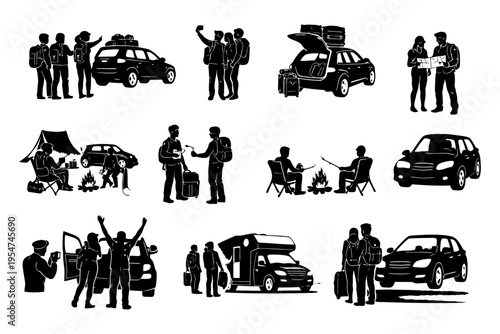 Silhouette outdoor activities: camping, hiking, road trips, and relaxation.