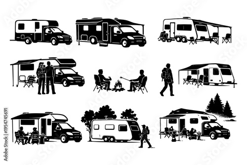 Silhouette collection of camper vans, trailers, and outdoor activities.