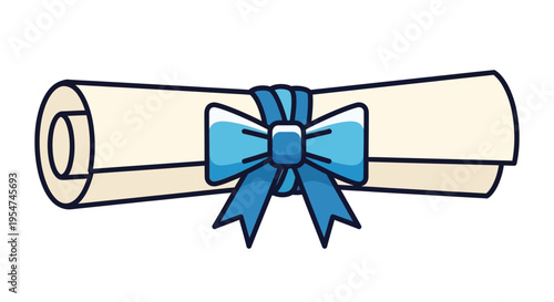 Graduation Diploma Scroll with Blue Ribbon Bow Vector Illustration Icon