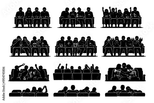 Silhouette of diverse adult groups watching sports enthusiastically on couch.