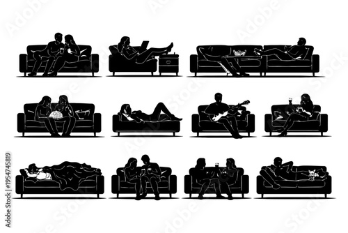 Silhouettes of diverse people relaxing on sofas with pets and gadgets.