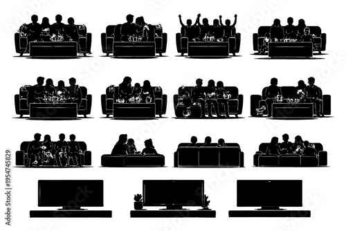 Silhouette family watching tv at home with pets on couch.