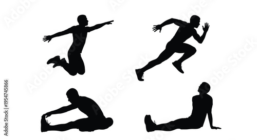 Silhouette illustration of a man performing various stretching and running exercises in different poses vector graphic