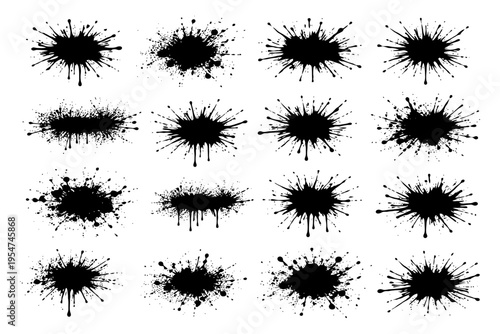 Set of sixteen black ink splatter designs on white background.