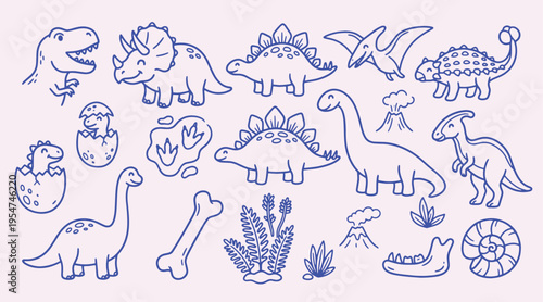 Dinosaur doodle collection with clean outline style. T-rex, triceratops stegosaurus, volcano, egg fossil. Cute prehistoric elements for kids education, coloring pages and playful design.