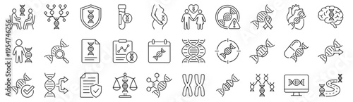 Genetics and counseling services line icon set. Family history, carrier prenatal, cancer, cardiac, brain, genome, chromosomal, telehealth outline vector illustrations. Signs for hereditary care.