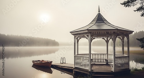 Wooden gazebo on a calm lake with a small rowboat at sunrise in misty morning light