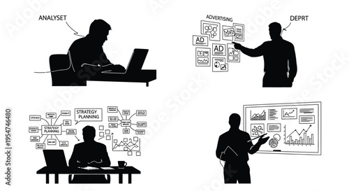 Business strategy and planning vector illustration with silhouettes of professionals working on laptops and graphs