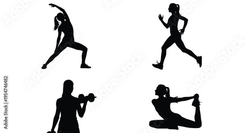 Silhouette illustrations of woman engaging in various fitness activities and exercises with dumbbells and running