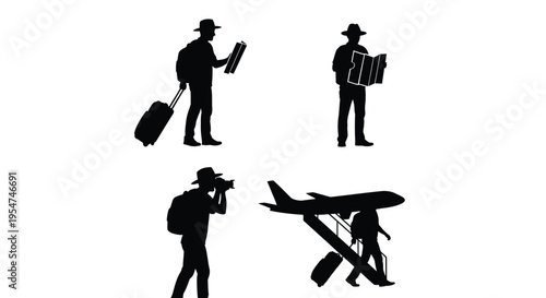 Vector graphic illustration of a traveler with luggage and airplane silhouettes in various actions depicted