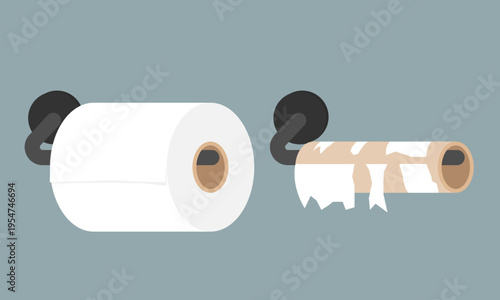 Full and empty toilet paper rolls on black wall-mounted holders. Vector illustration for humorous designs, bathroom signage, social media memes, and consumer product graphics