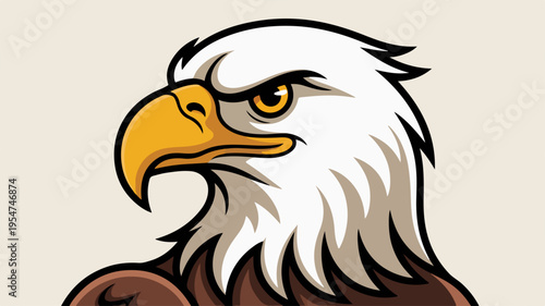 American bald eagle head illustration with white and brown feathers and yellow beak on beige background